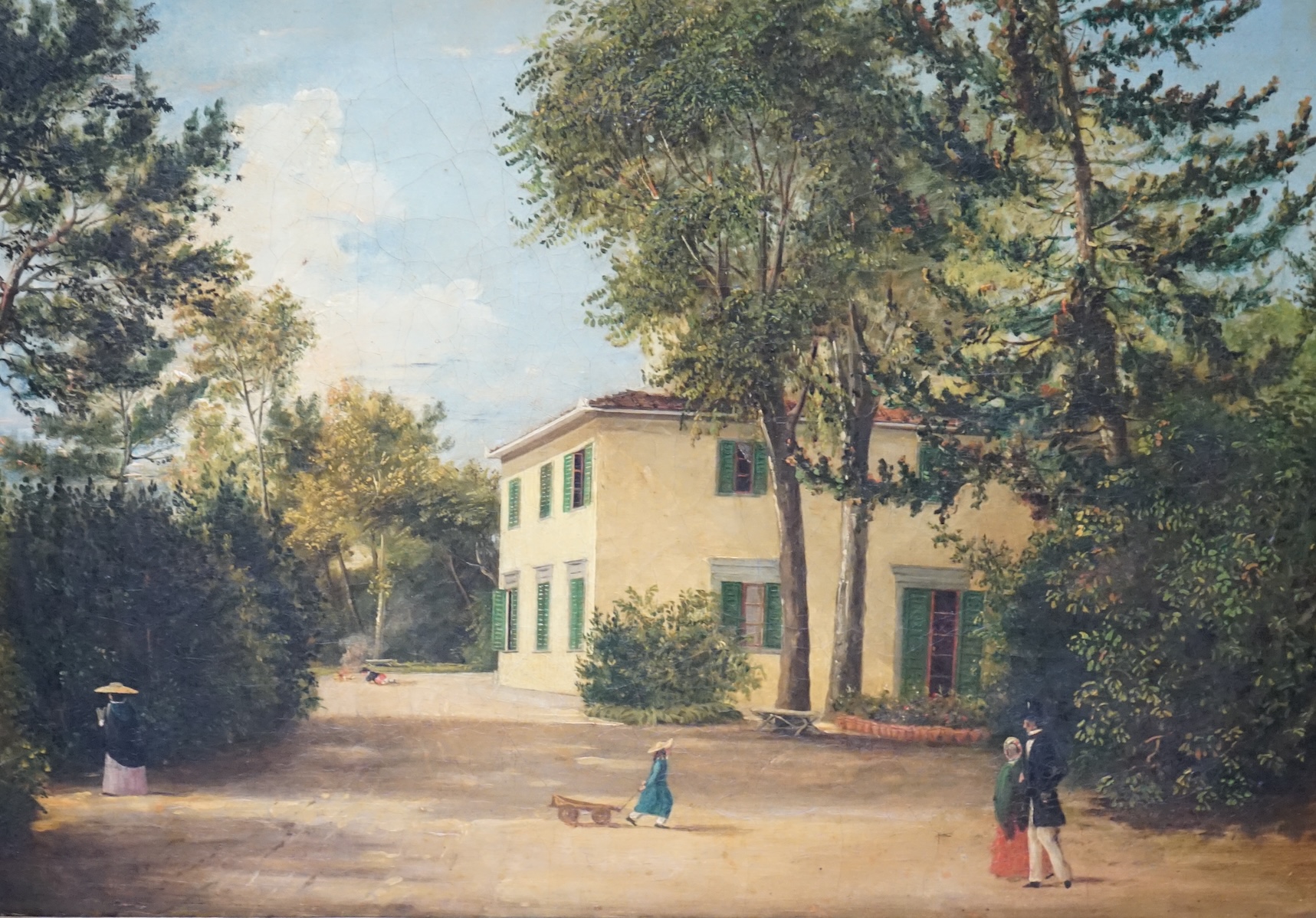 Mid 19th century Italian School, oil on canvas, 'Villa Galli, Florence', 34 x 48cm, housed in a Florentine gilt frame. Condition - fair, craquelure throughout